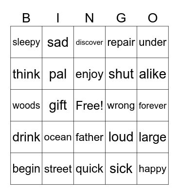 Synonym Bingo Card