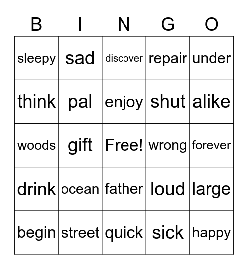 Synonym Bingo Card