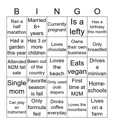 Getting to know you BINGO Card