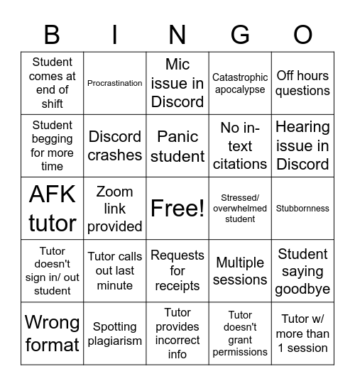 finals week Bingo Card