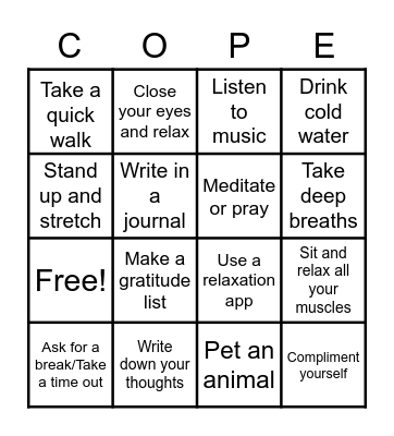 Coping Skills Bingo Card