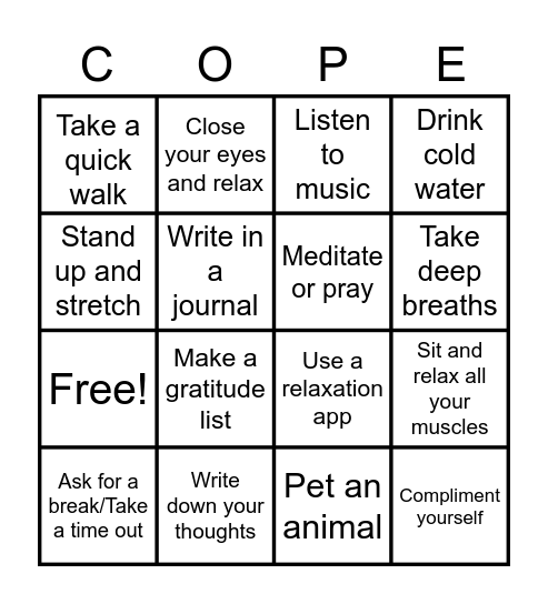 Coping Skills Bingo Card