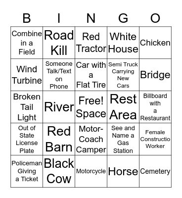 On The Road Bingo Card