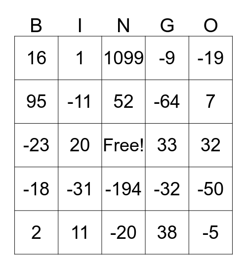 Add and Subtract Integers Bingo Card