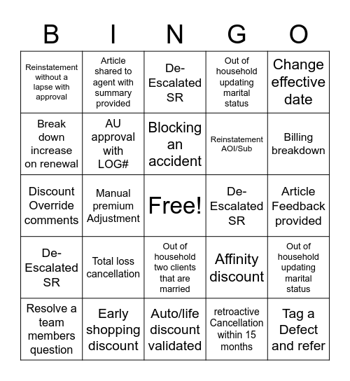 Transaction Bingo Card