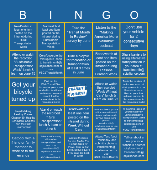 #SCJTransitMonth Bingo - Rural Board Bingo Card