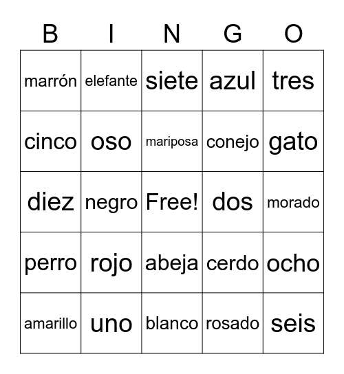 Colors, numbers, and animals Bingo Card