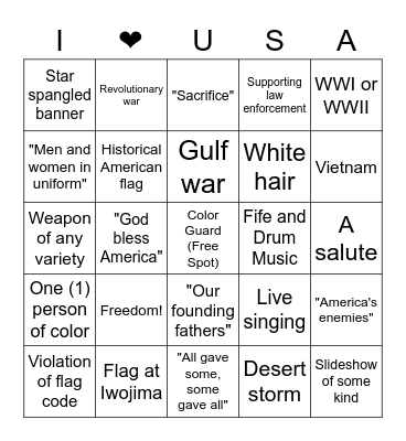 PVE Memorial Day Bingo Card