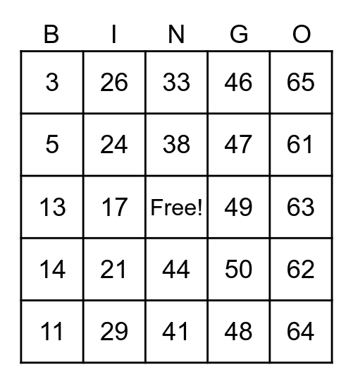 Number Bingo 1-50 Bingo Card