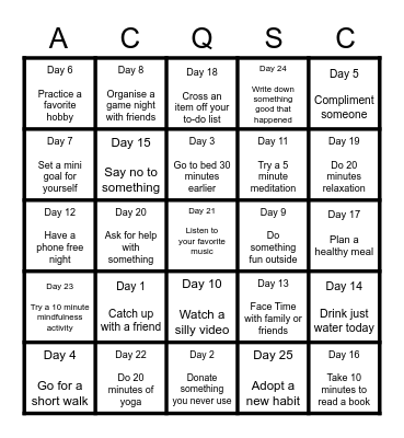 25 Day Wellbeing Challenge Bingo Card