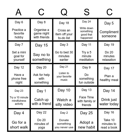 25 Day Wellbeing Challenge Bingo Card