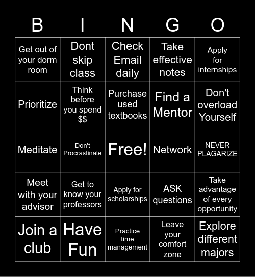 College Essentials Bingo Card