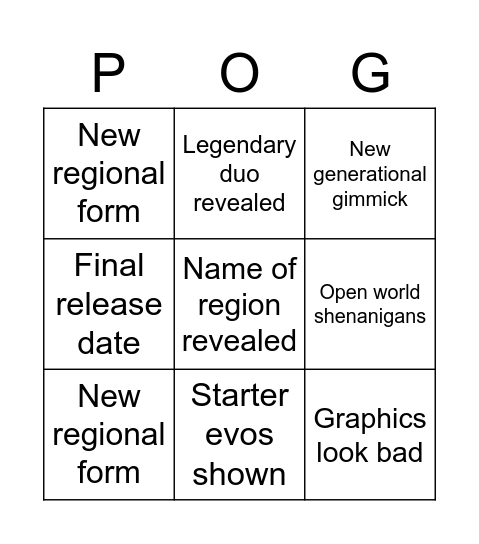 Pokemon SV Announcements Bingo Card