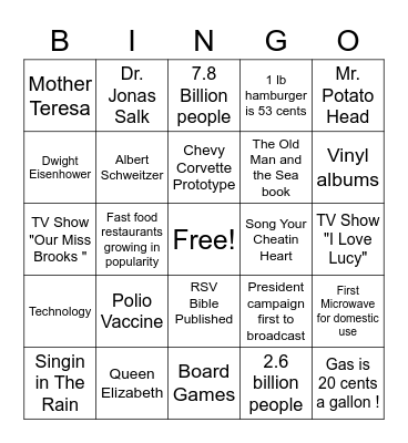 Then & Now 1952 Bingo Card