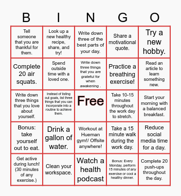 Wellness Encouragement Bingo Card