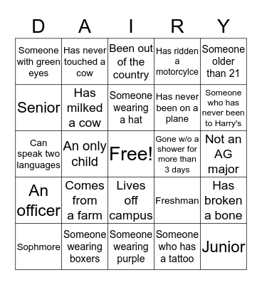 Purdue Dairy Club Member Bingo (1) Bingo Card