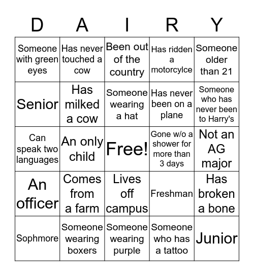 Purdue Dairy Club Member Bingo (1) Bingo Card