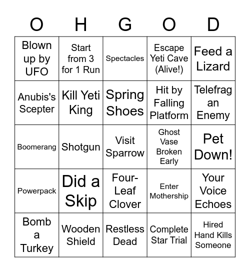 Spelunky Moments Bingo Card