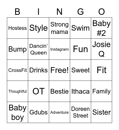 Jess’s Baby Sprinkle Bingo Card