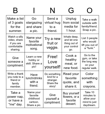 Self Care Bingo Card