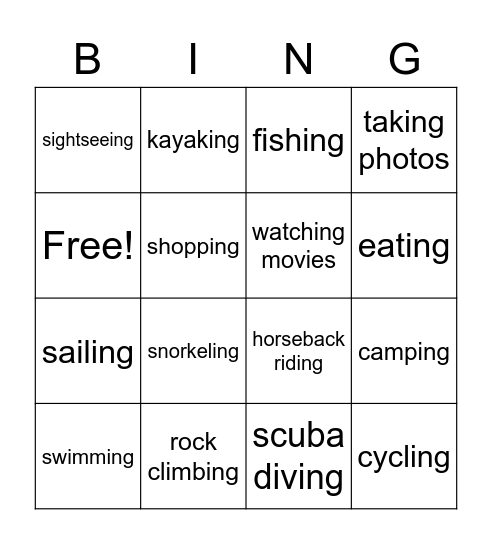 Vacation Activities Bingo Card