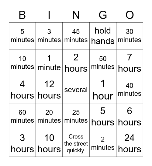 hours minutes Bingo Card