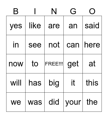 Vocabulary Word Bingo Card