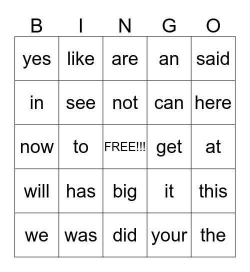 Vocabulary Word Bingo Card