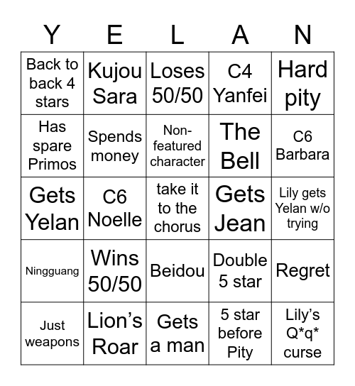 Yelan Bingo 2: Mommy Boogaloo Bingo Card