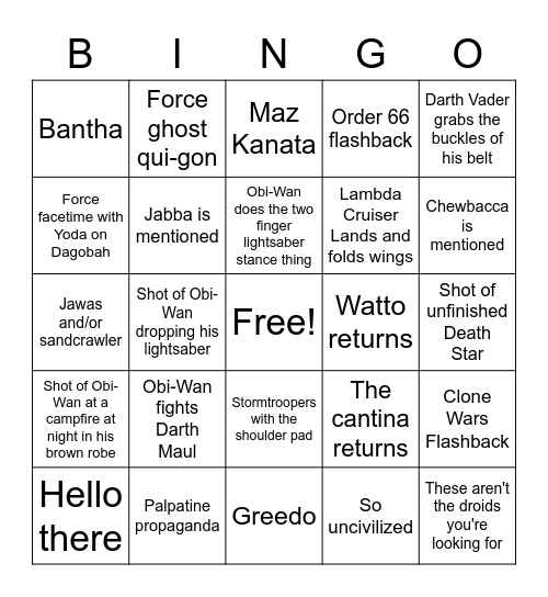 Faraz Obi-Wan Bingo Card