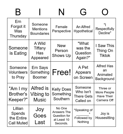 Young Adult Fellowship Bingo Card