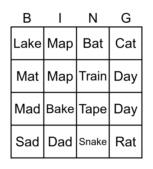 Short and Long A Bingo Card