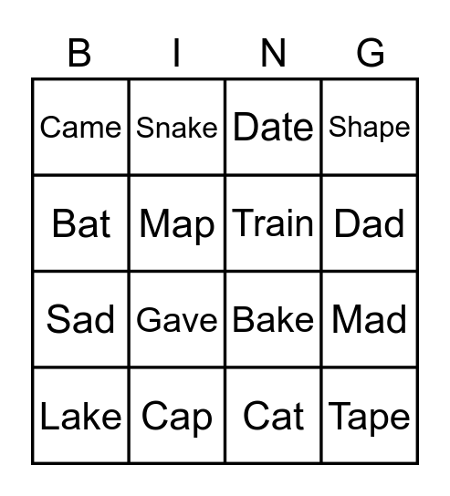 Short and Long A Bingo Card