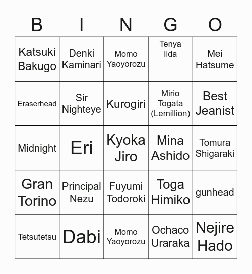 MHA bingo Card