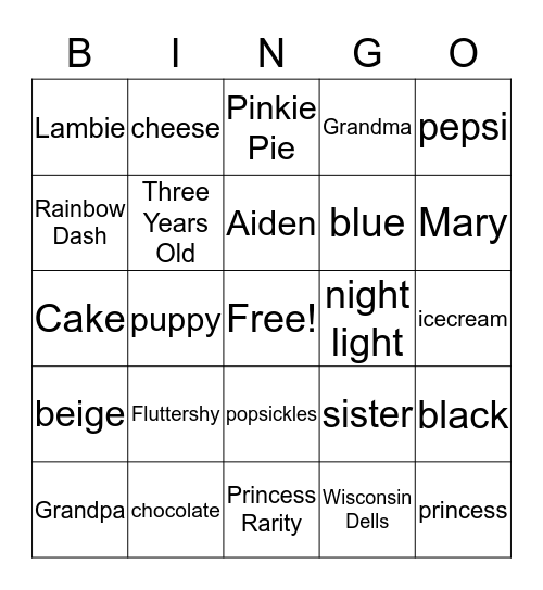 KATELYN'S THREE ! ! !  Bingo Card