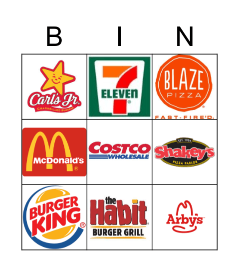 Restaurant Bingo Card