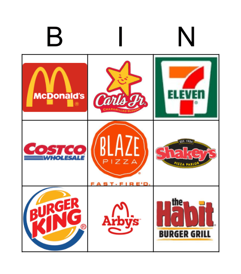 Restaurant Bingo Card