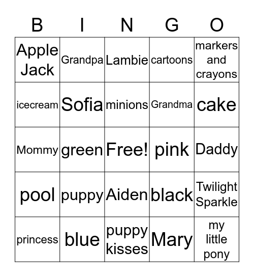 KATELYN'S THREE ! ! !  Bingo Card