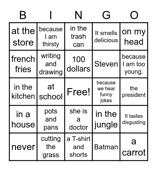 Wh-Question answers Bingo Card