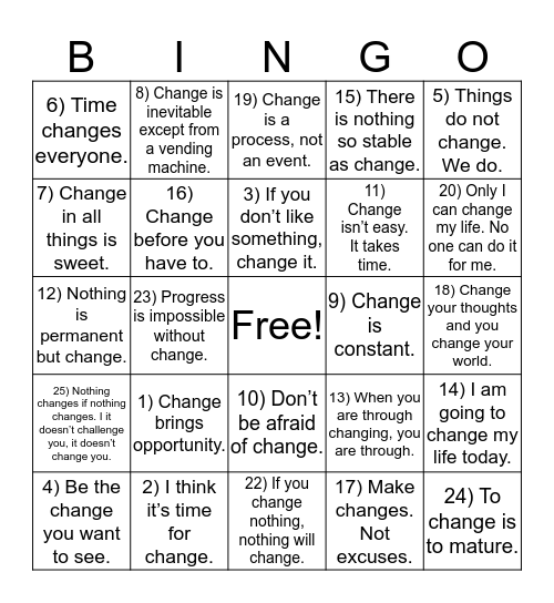 Positive Change Bingo Card