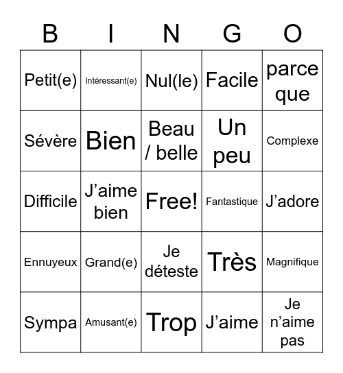 Les adjectifs et les intensifiers Bingo Card