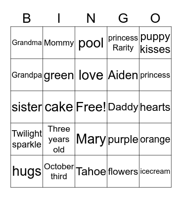 KATELYN'S THREE ! ! !  Bingo Card