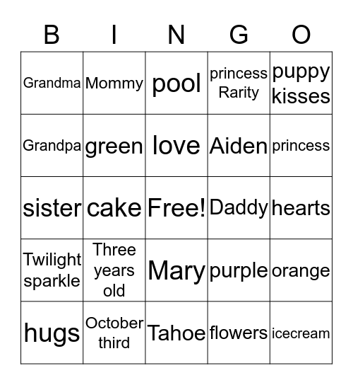 KATELYN'S THREE ! ! !  Bingo Card