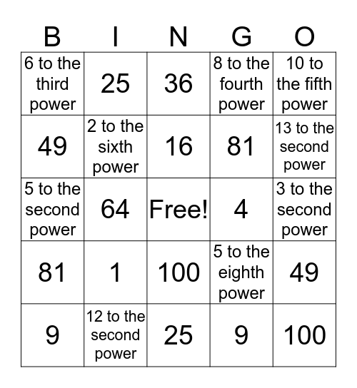 Square Root Bingo Card