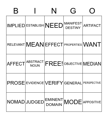 ACADEMIC VOCABULARY Bingo Card