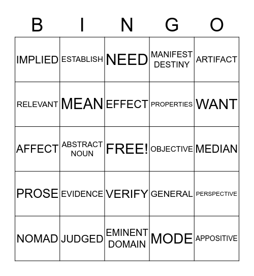 ACADEMIC VOCABULARY Bingo Card