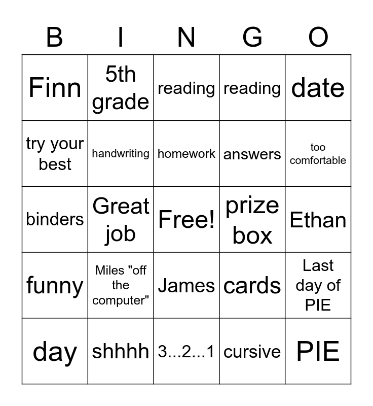 6th grade Bingo Card