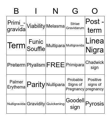 Pregnancy Bingo Card