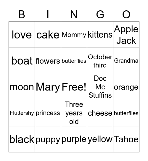 KATELYN'S THREE ! ! !  Bingo Card