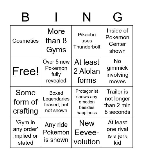 Pokemon Trailer Bingo Card